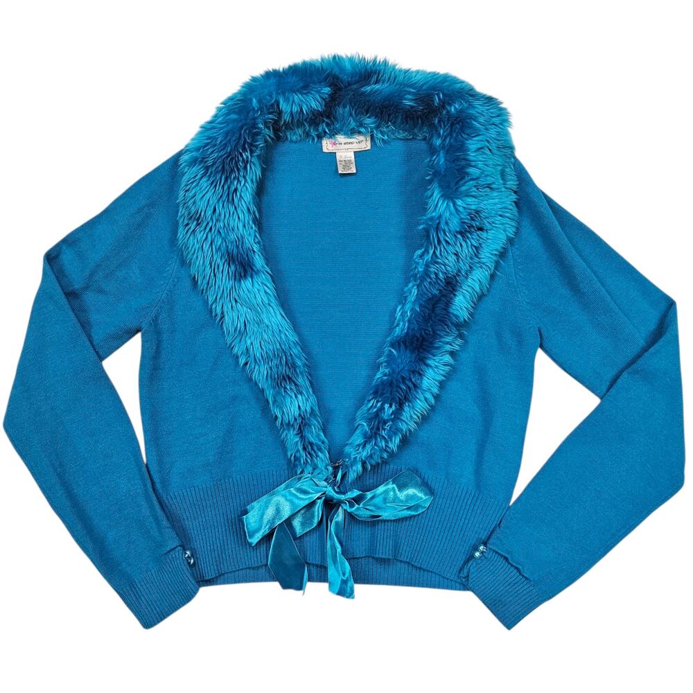 Y2k Cardigan Sweater Blue Faux Fur Coquette One Step Up - Size Large